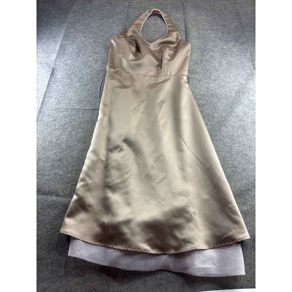 Bari Jay Champagne Satin Halter Midi Dress Tulle Prom Formal Sexy 00s Size 11/12